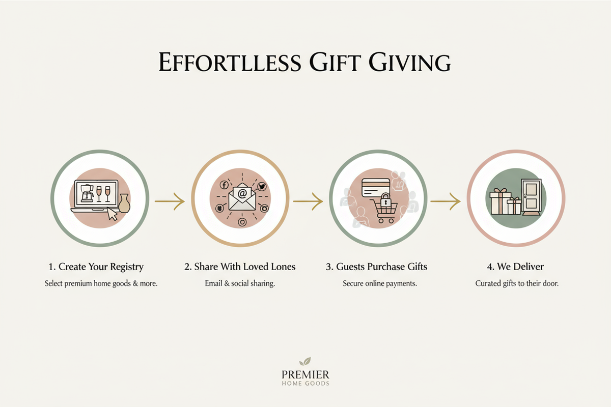 explain how gift registry works, including create oregister, share with loved ones, they pay, we deliver the productsetc 