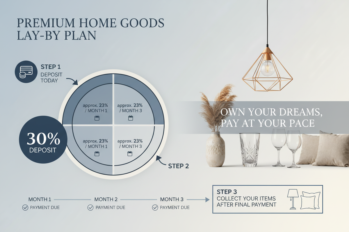 laybye process, pay 30% deposit, and pay the remaining balance over three months 