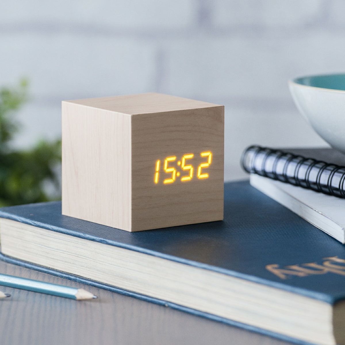 Gingko Cube Click Clock, Portable Wood Alarm